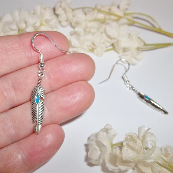 Silver & Turquoise Blue Feather Earrings Set 5374 - Picture 6 of 7